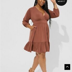 NWT! Torrid: Brown-"Root Beer" Babydoll Knit Surplice Tiered Dress